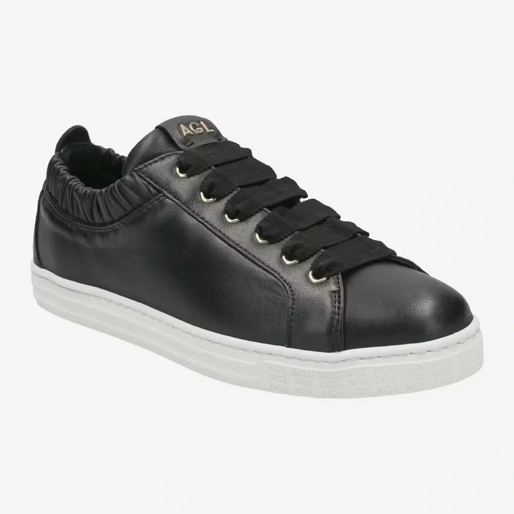 New AGL Suzie Elasticated Opening Sneakers Black Leather Lace Up Sz 36.5